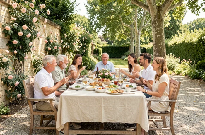 Réunion de famille multigénérationnelle autour d'un déjeuner dans un jardin français ensoleillé