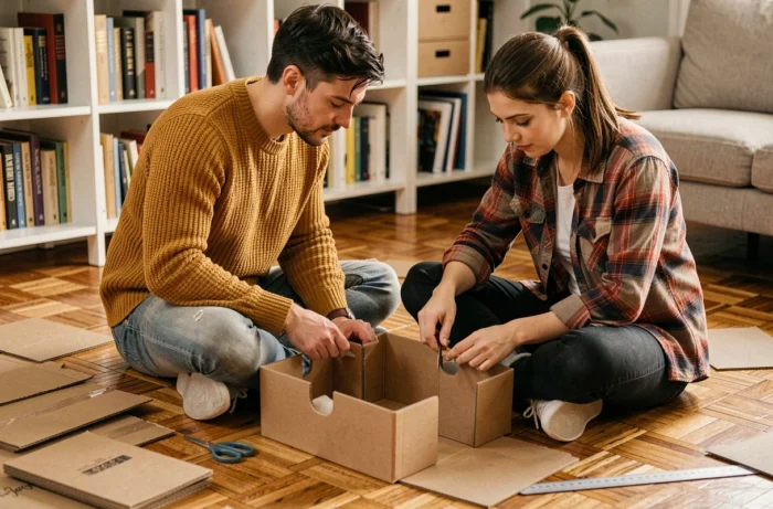 Couple réutilisant intelligemment des cartons de déménagement pour créer des rangements DIY dans un appartement