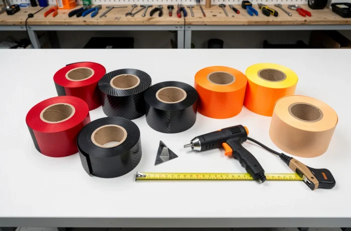 Assortiment de rouleaux de bandes vinyle motorsport en différentes couleurs et outils de pose sur un établi d'atelier