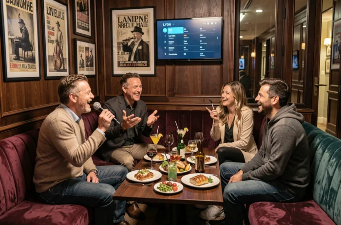 Deux couples profitant d'une salle de karaoké privée dans un restaurant de Lyon avec décoration vintage