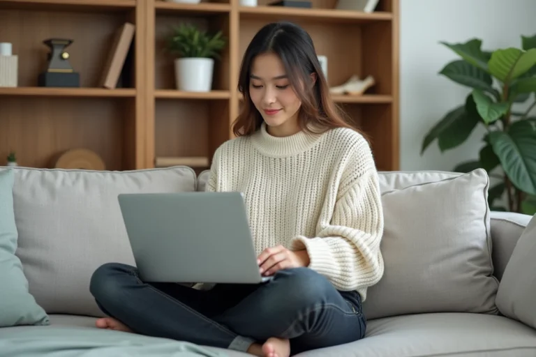 Jeune femme faisant du shopping de mode en ligne sur son ordinateur portable depuis son canapé, habillée d'un pull en maille crème et d'un jean taille haute