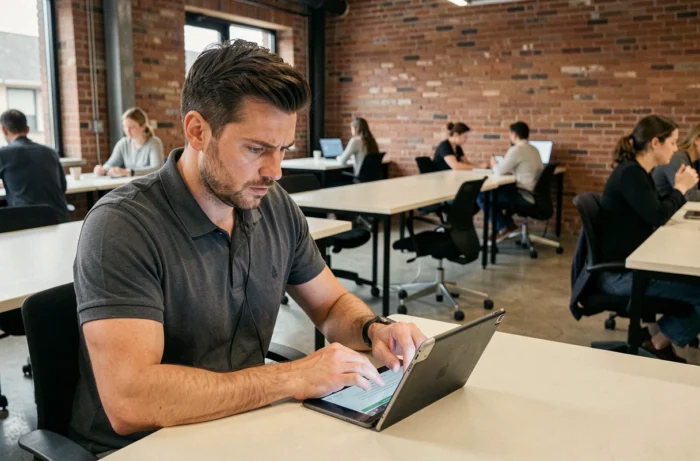 Homme contactant le support urgence MyCampus Eduservices via tablette dans un espace de coworking