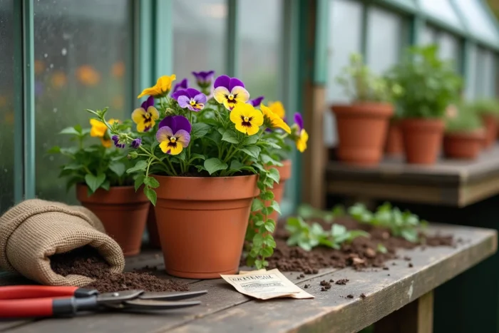 Table de rempotage avec pot en terre cuite, fleurs de saison, cisailles et sachets de graines dans un espace de jardinage