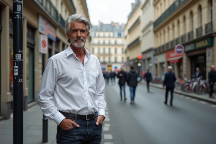 Acteur français de grande taille en jeans et chemise blanche sur un boulevard parisien, illustration de la stature de Marc Lavoine en milieu urbain