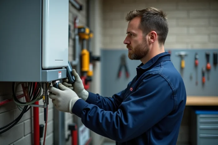 Technicien effectuant la maintenance d'un aérotherme gaz dans un atelier professionnel