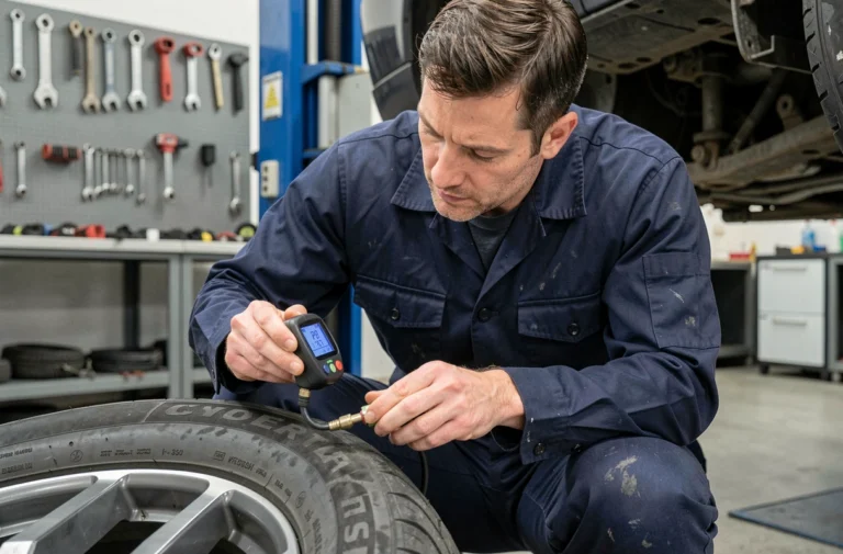 Technicien automobile mesurant la pression des pneus en PSI avec un manomètre numérique dans un garage professionnel