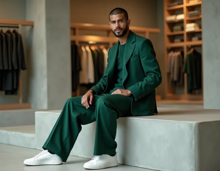 Homme en costume oversize vert forêt assis dans un concept store moderne, tendance mode homme 2024