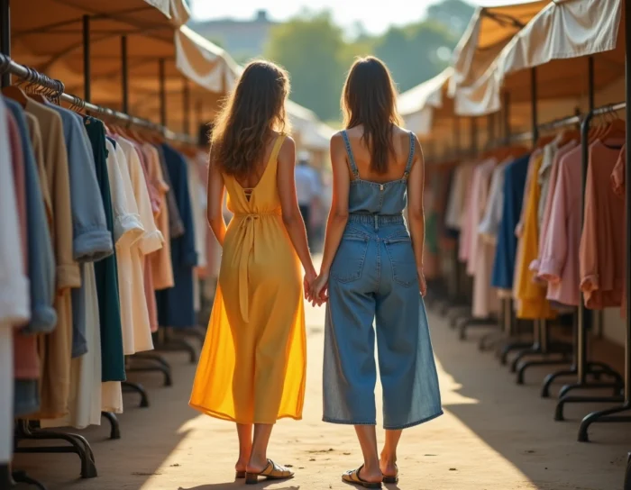 Deux femmes tendance 2024 en robe lin et co-ord denim faisant du shopping dans un marché mode en plein air