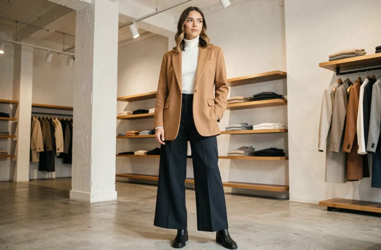 Femme élégante en blazer camel oversize dans une boutique de mode parisienne moderne, tendances 2024