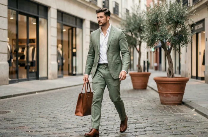 Homme en costume vert sauge en lin marchant dans une rue urbaine tendance, look mode homme 2024