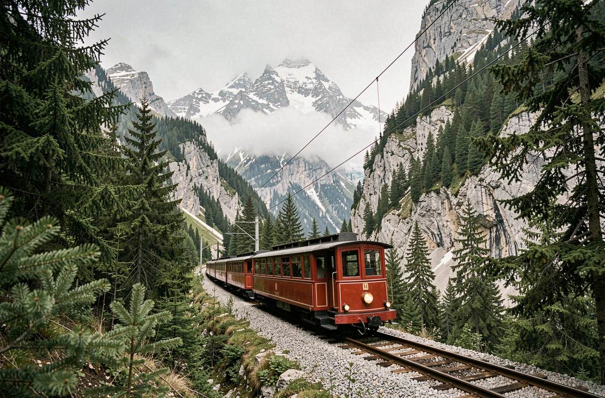 Train à crémaillère rouge du Montenvers montant vers la Mer de Glace à travers la forêt de pins à Chamonix