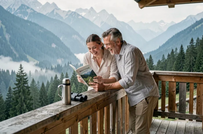 Couple consultan un guide de randonnée sur un balcon de chalet alpin pour préparer des vacances en France à la montagne