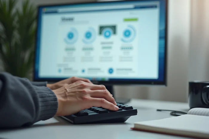 Gros plan sur des mains tapant au clavier lors d'une vérification de la fiabilité d'une plateforme en ligne