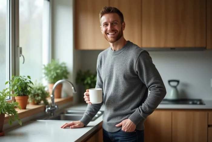 Portrait candide de Christopher Russell dans sa cuisine révélant son quotidien privé