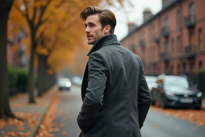 Christopher Russell photographié en promenade dans une rue d'automne dans un moment de vie privée