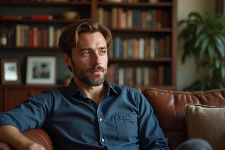 Christopher Russell dans son salon lors d'un moment de vie privée révélant sa personnalité authentique