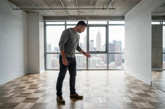 Homme visitant un appartement vide et inspectant la qualité du parquet et des murs avant achat