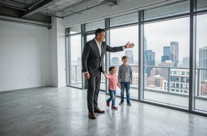 Agent immobilier faisant visiter un appartement rénové avec vue sur la ville à une famille