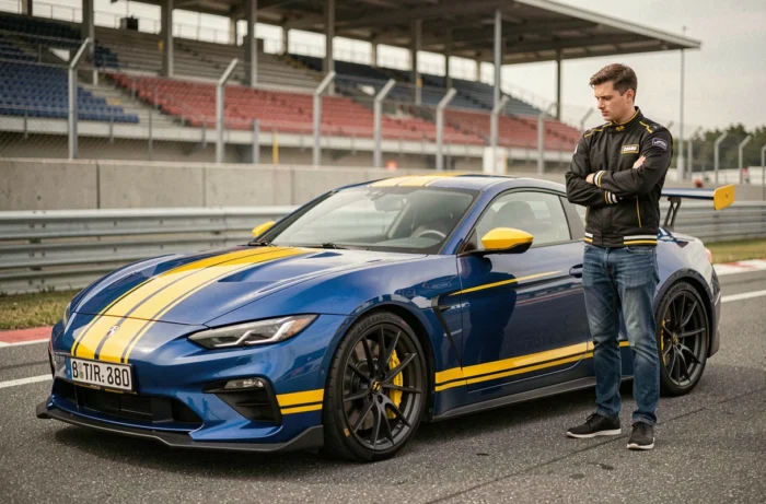 Passionné d'automobile admirant les bandes motorsport bleues et jaunes sur sa voiture de circuit dans le paddock