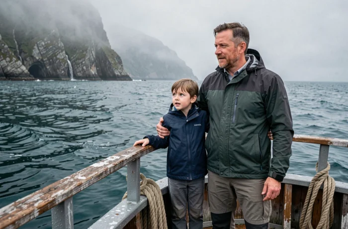Père et enfant admirant la mer depuis un ferry lors d'un voyage en famille sur la côte