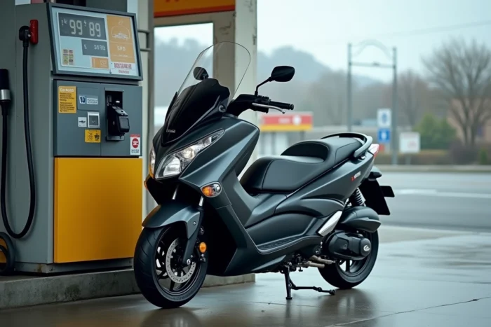 Yamaha Tmax 530 garé à côté d'une pompe à carburant affichant les types d'essence disponibles en station